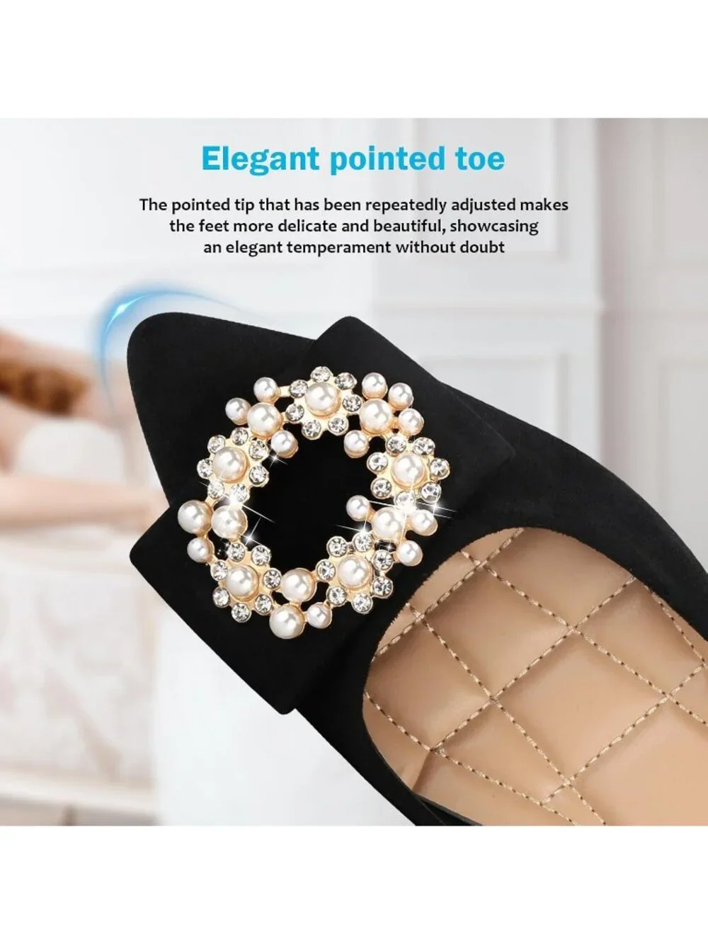 Women's 01-Black Pointed Toe Pearl Flats Comfort Non Slip Soft Sole Office Shoes